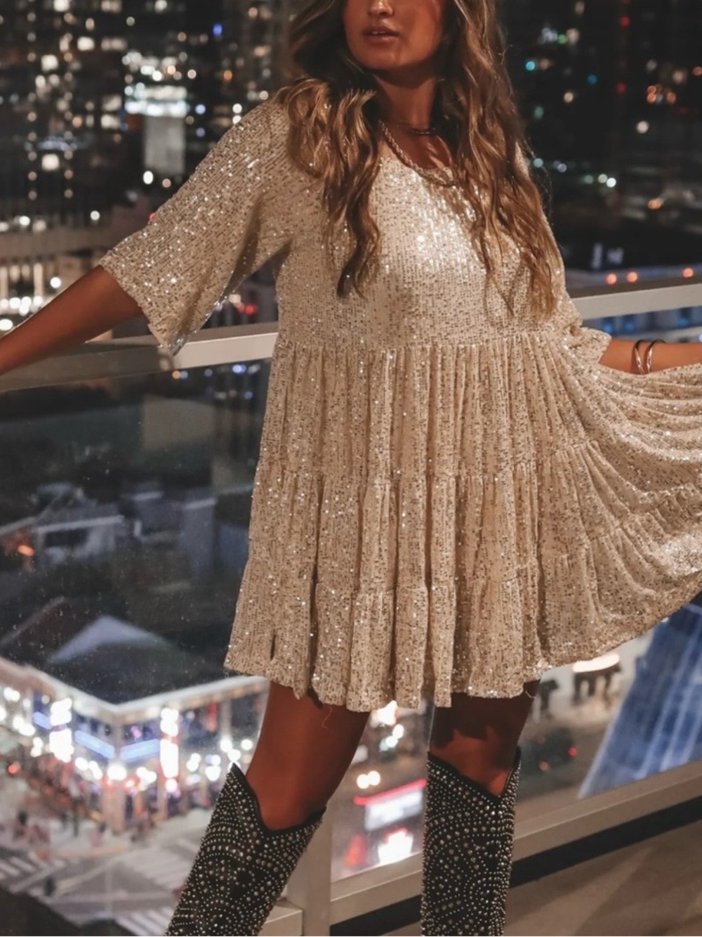 Amazing Lace Sequins Babydoll Dress